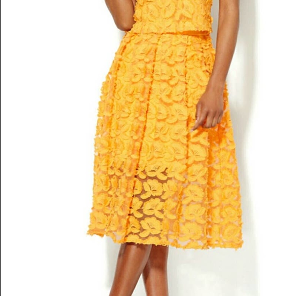 New York & Co. Yellow Floral 3D Lace Stretch A-Line Midi Skirt Size Large